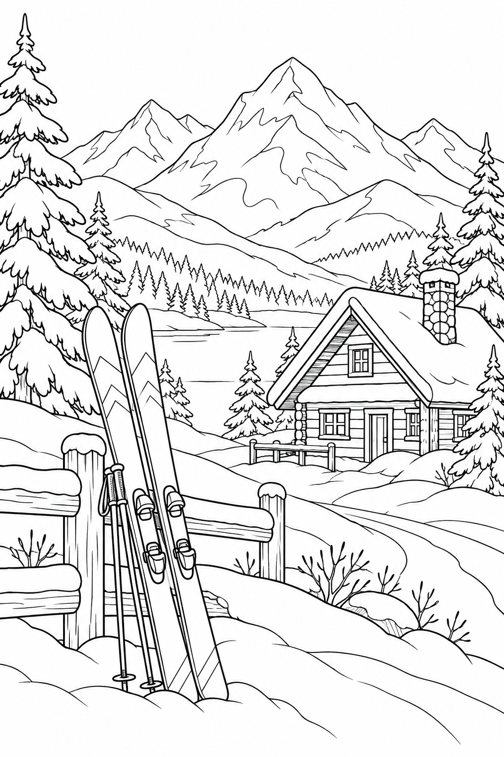 雪山の麓のスキー板と小屋の塗り絵