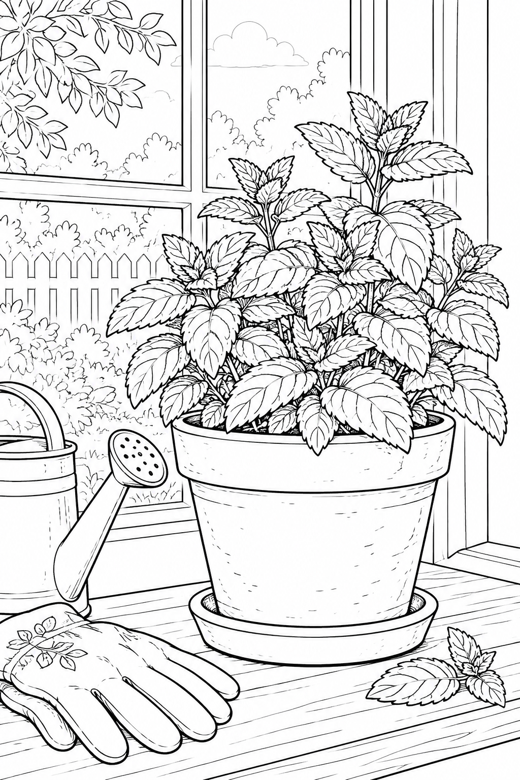 Desenho de Uma cena natural: Folhas de hortelã sobrepostas para colorir