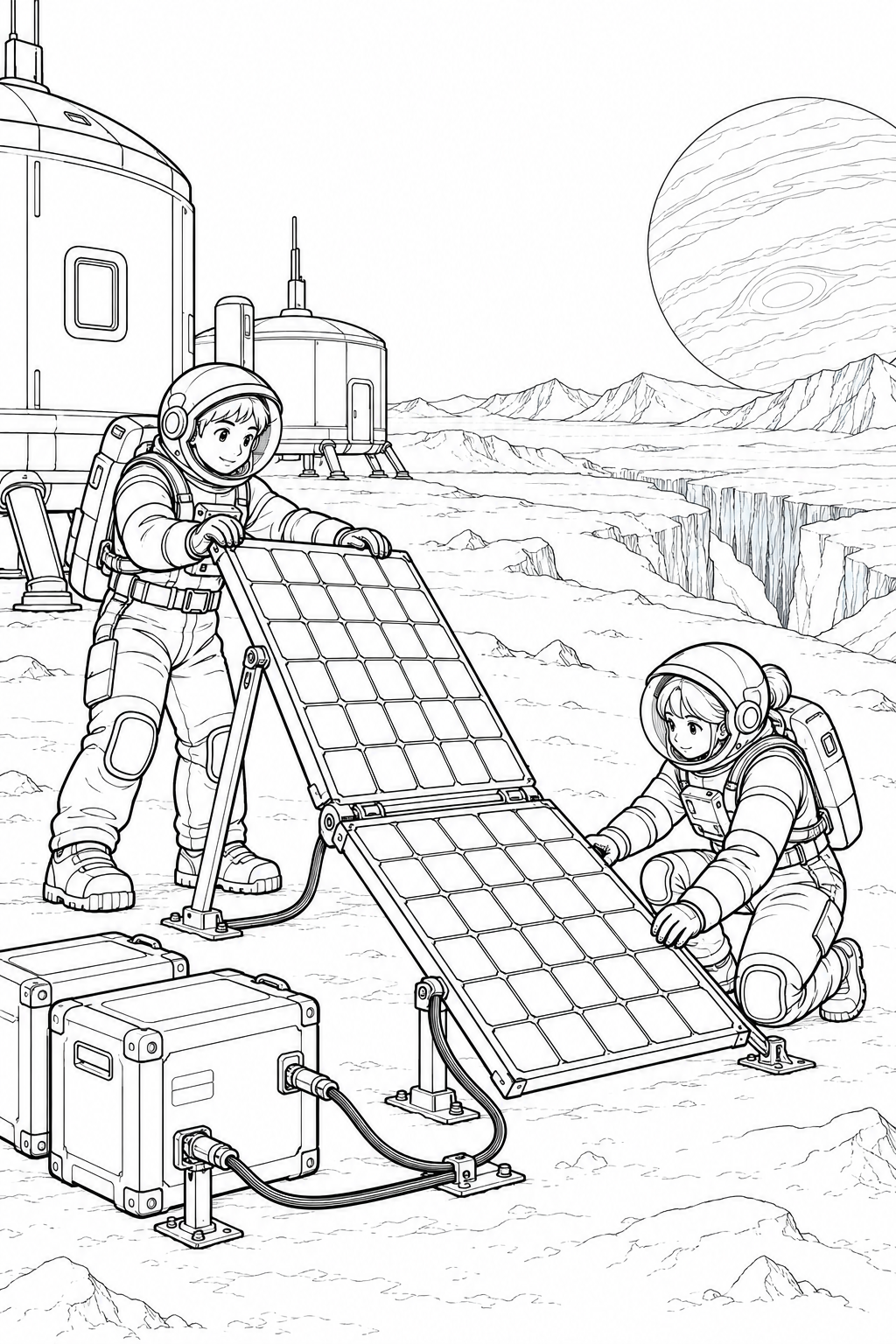 氷の衛星の探査基地:太陽光パネルの設置の塗り絵