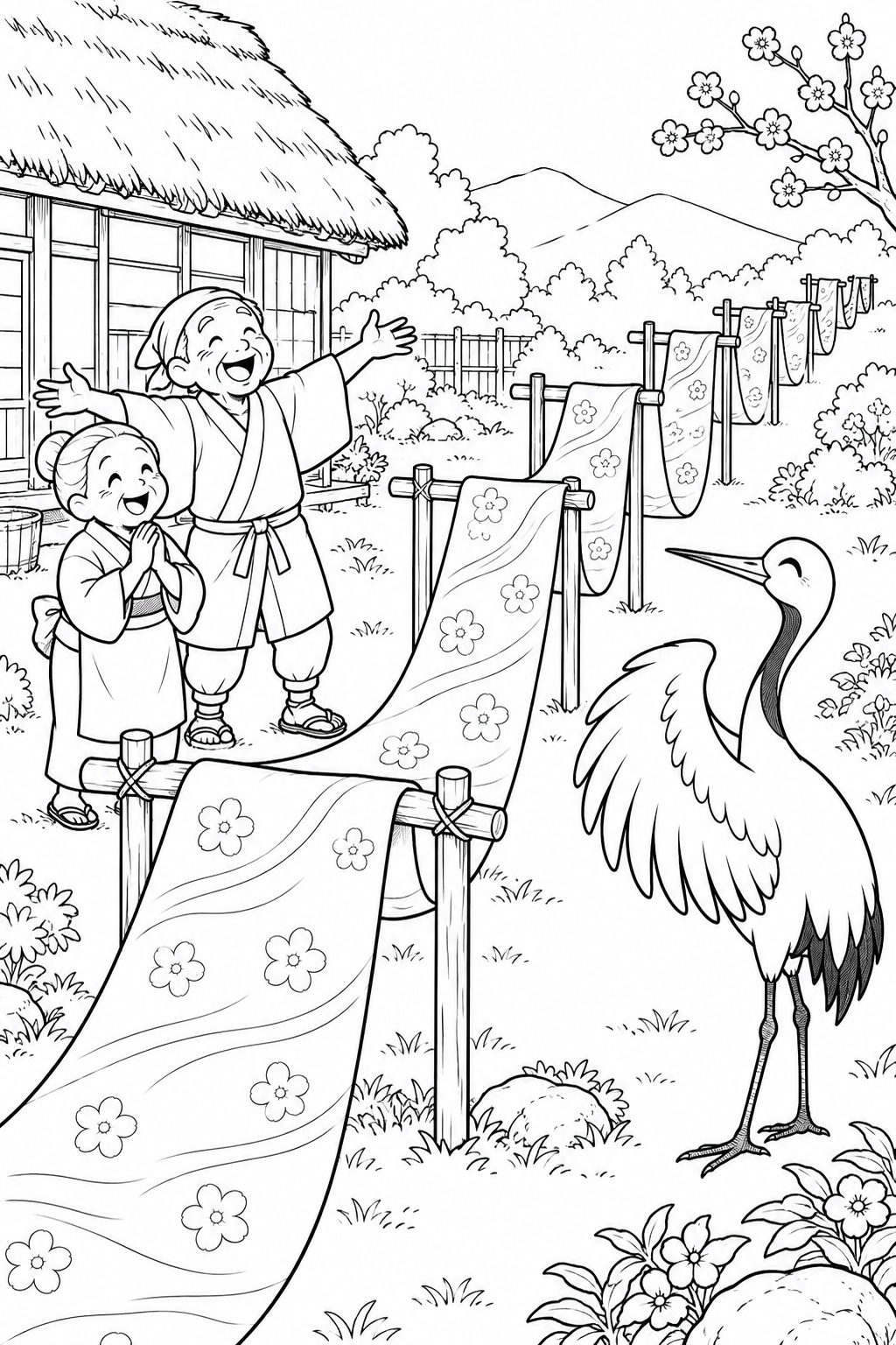 つるの恩返し:庭いっぱいの反物干しの塗り絵