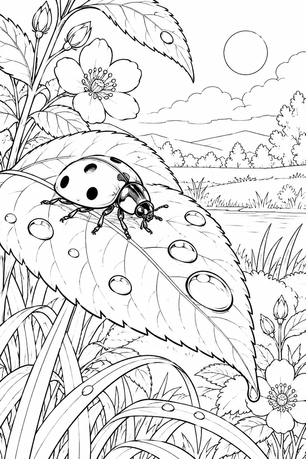 Dibujo de Una escena natural: Mariquita y gotas de rocío en hojas para colorear