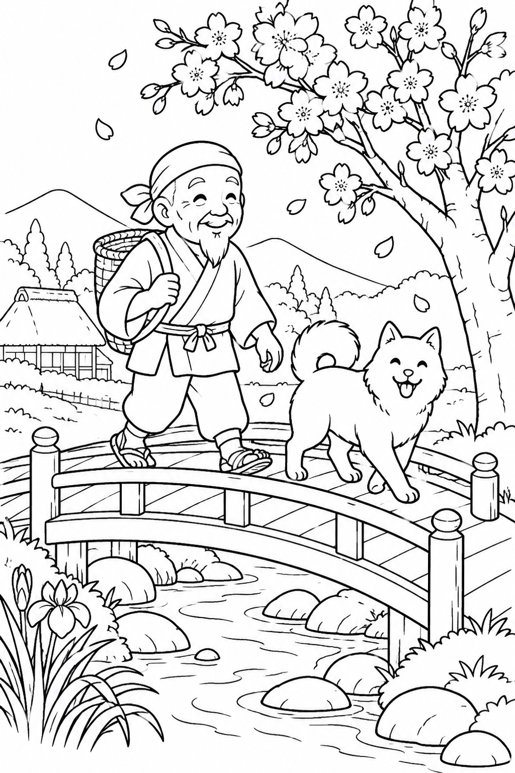 Dibujo de El anciano que hacía florecer los árboles: Un puente de madera entre cerezos (Acogedor) para colorear