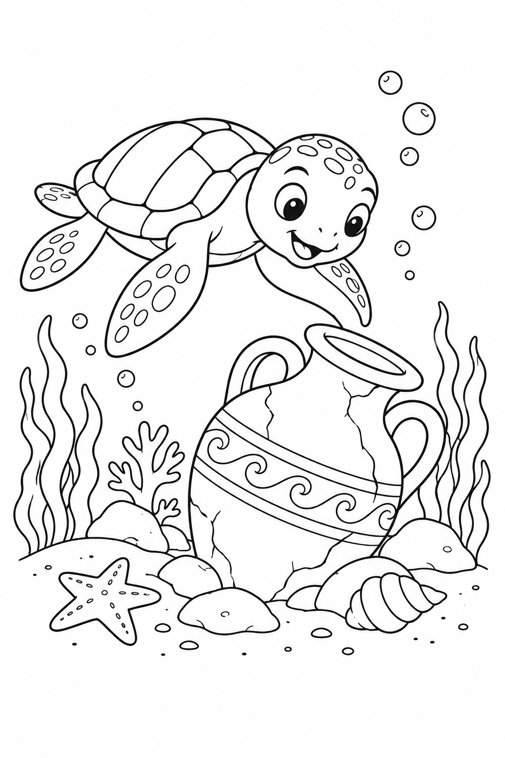 ウミガメと沈んだ壺の塗り絵
