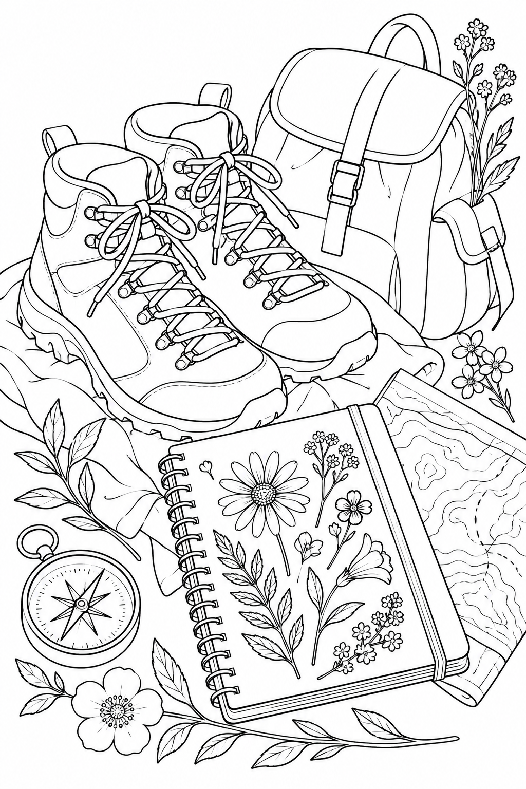 旅の靴と押し花のノートの塗り絵