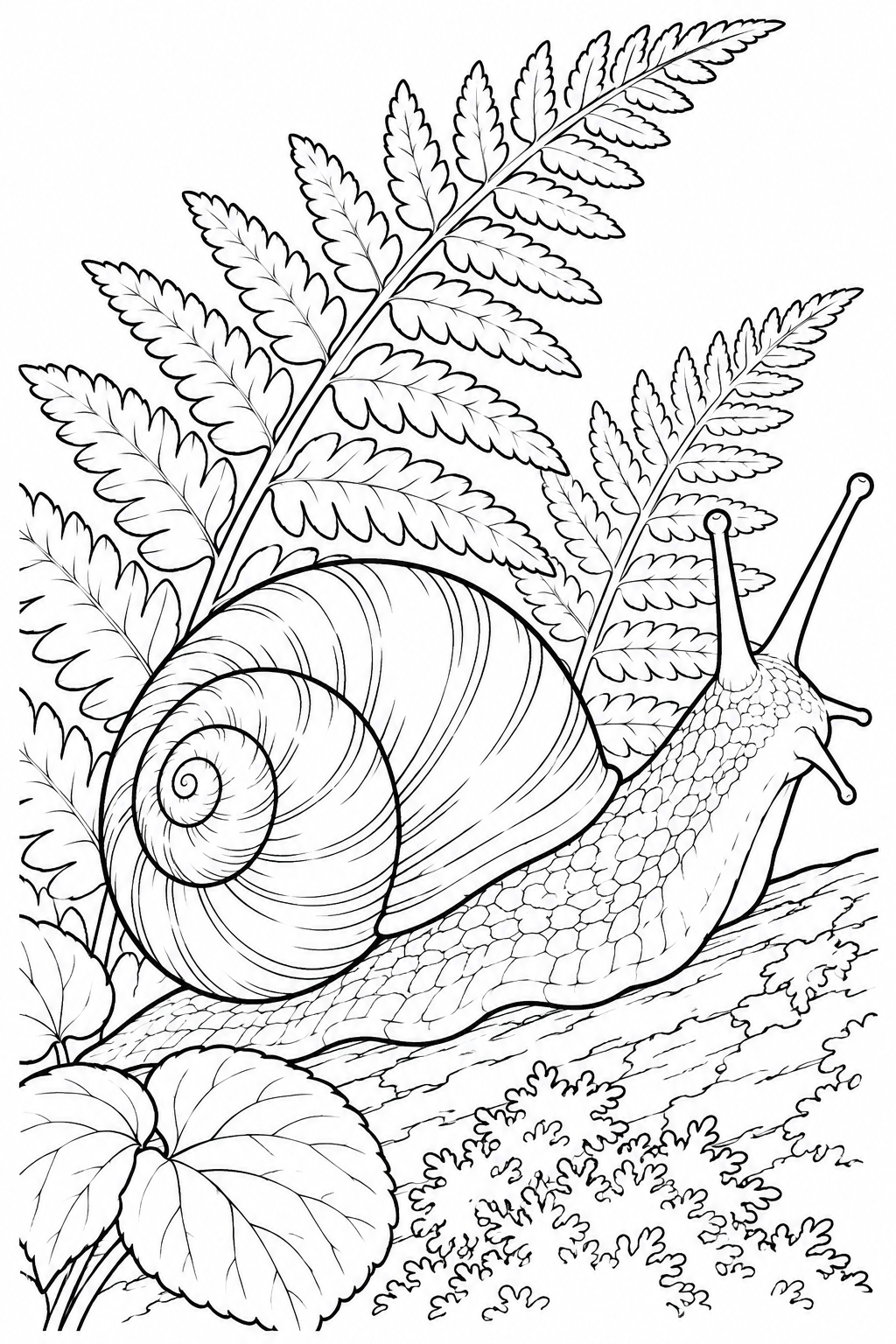 Gambar mewarnai Studi alam: Siput dan daun pakis