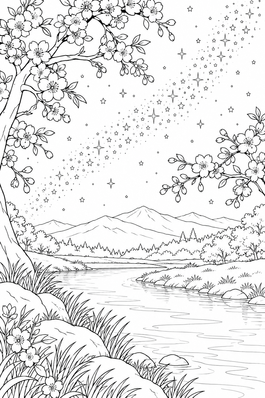 桜の枝と川辺と天の川の塗り絵