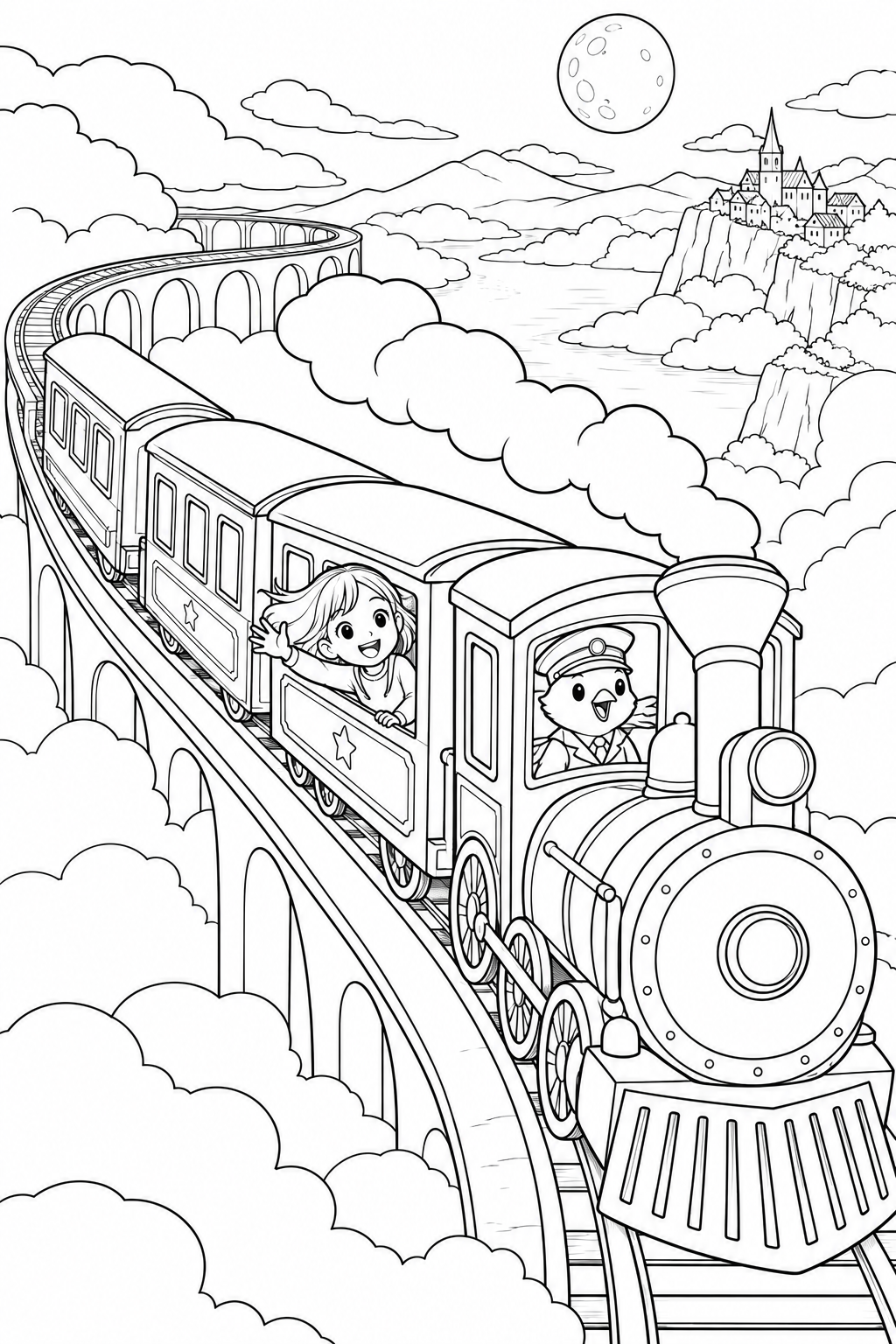 雲の線路の列車の塗り絵