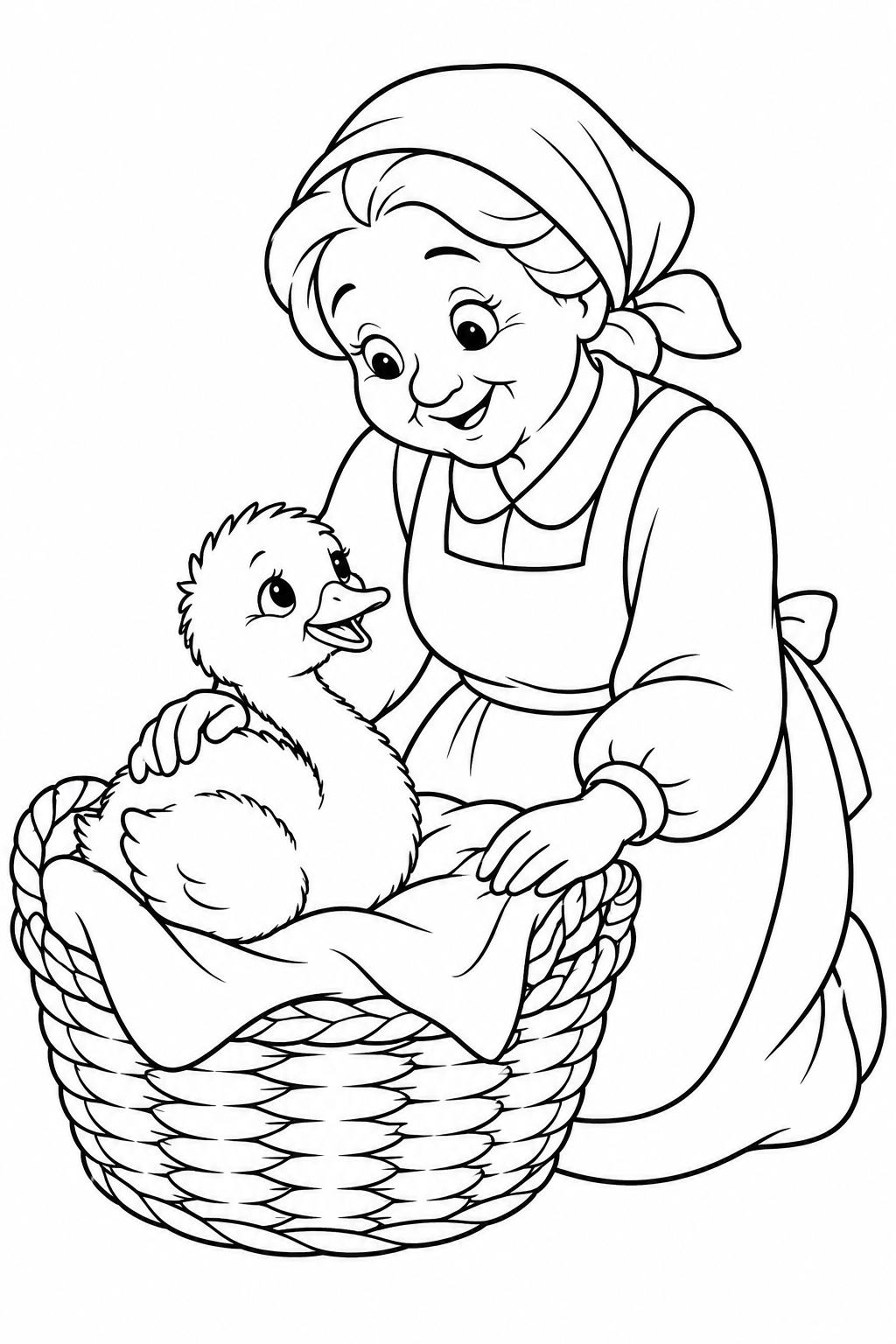 醜いアヒルの子:おばあさんのかごでひと休みの塗り絵