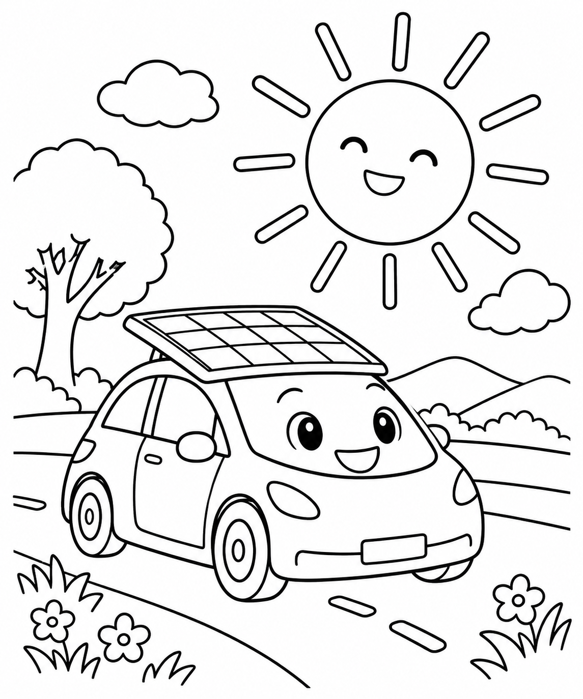 Dibujo de Coche solar y sol para colorear