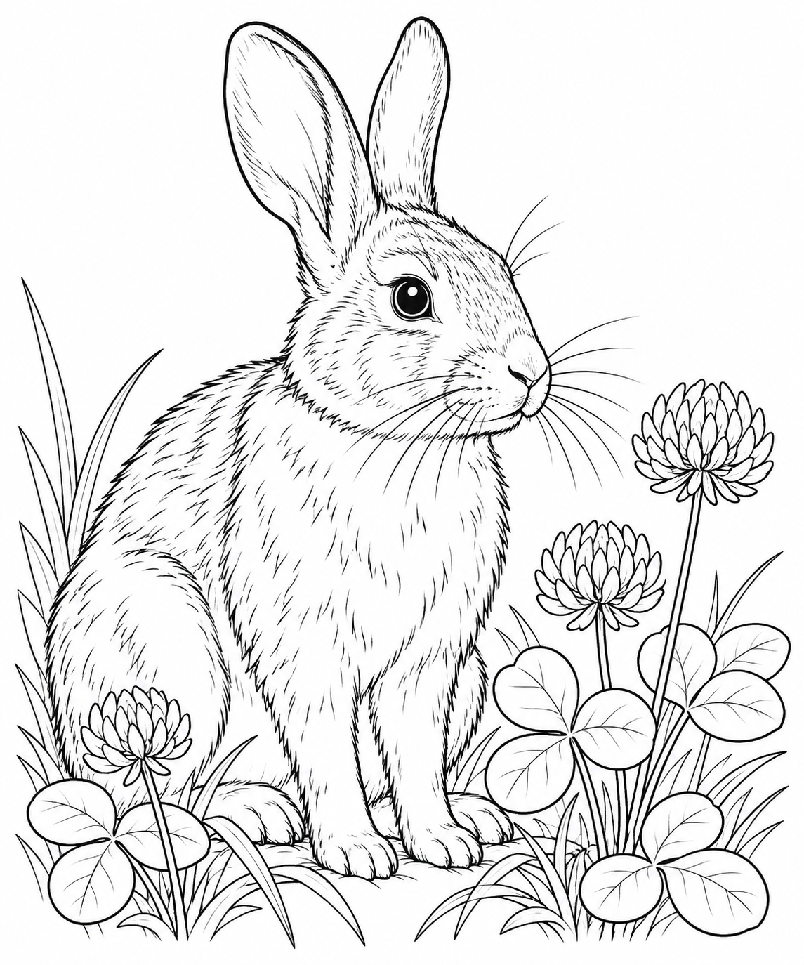 Dibujo de Estudio de naturaleza: Conejo silvestre y tréboles para colorear