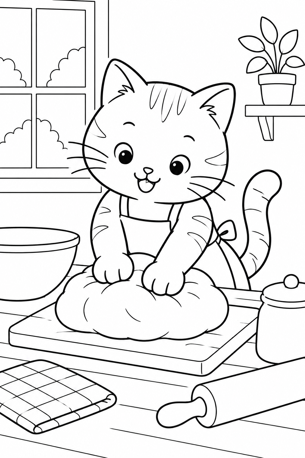 パン生地をこねる猫の塗り絵
