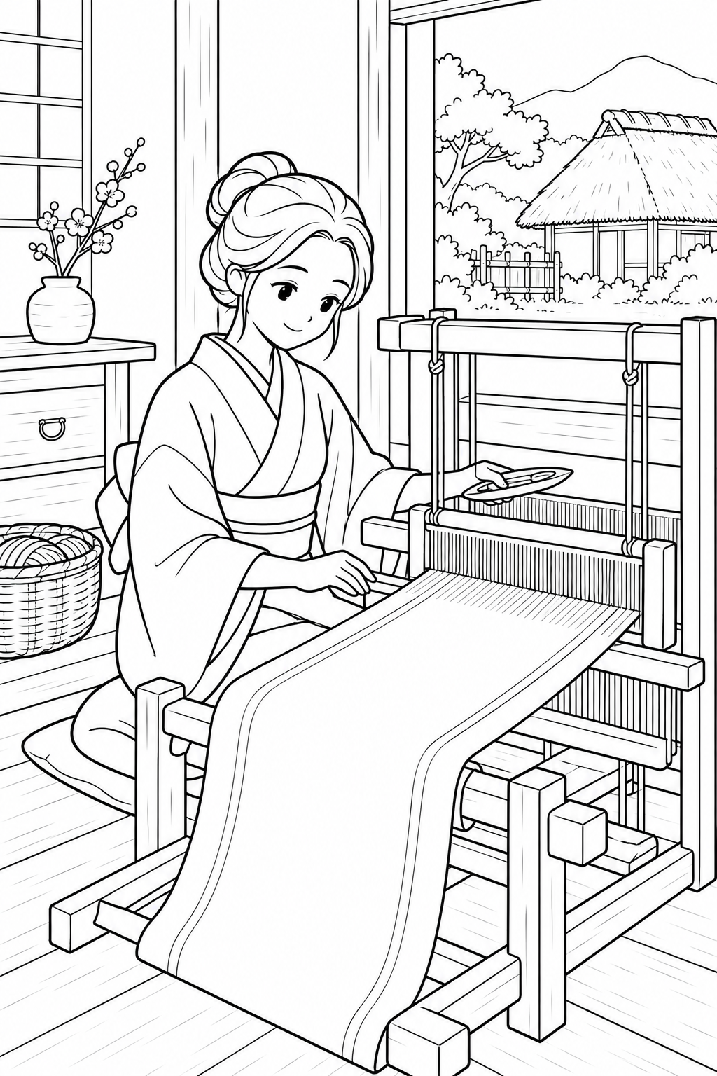 つるの恩返し：小さな部屋ではたおりの塗り絵