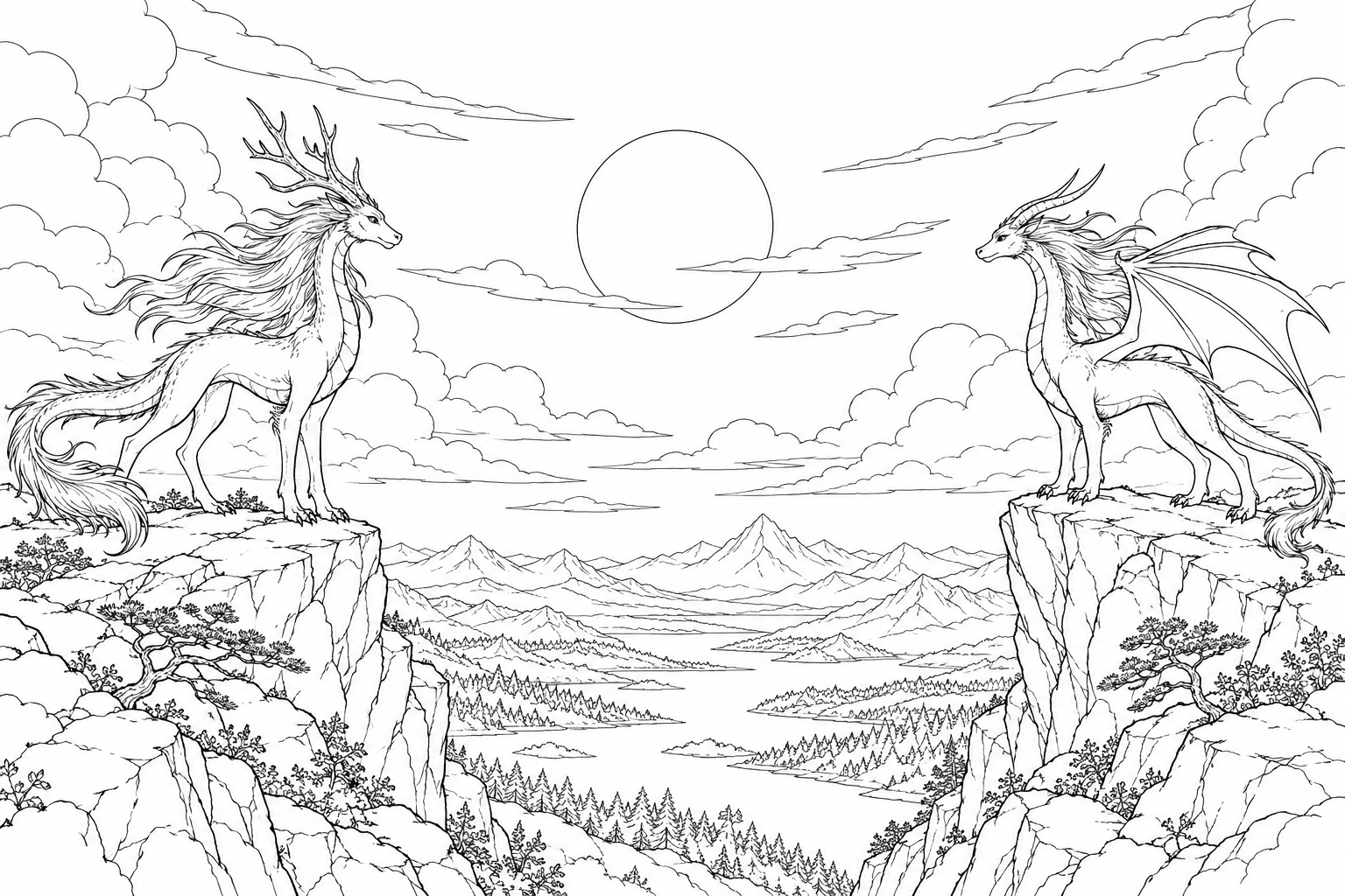 Dibujo de Dos dragones frente al viento para colorear