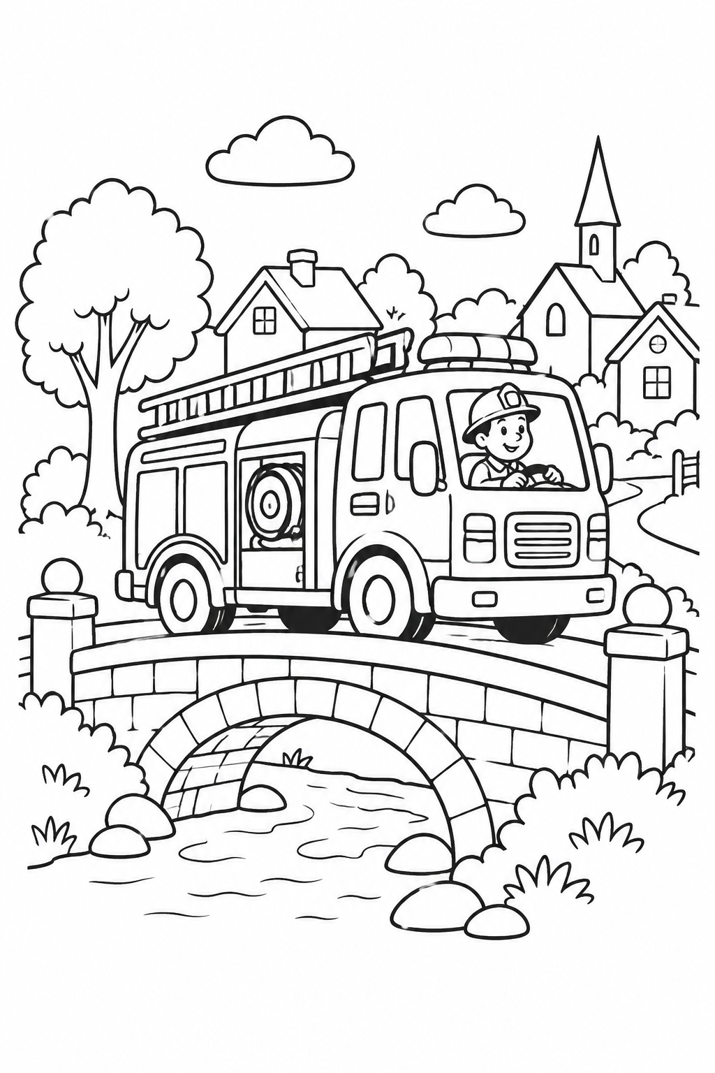 消防車と町の橋の塗り絵