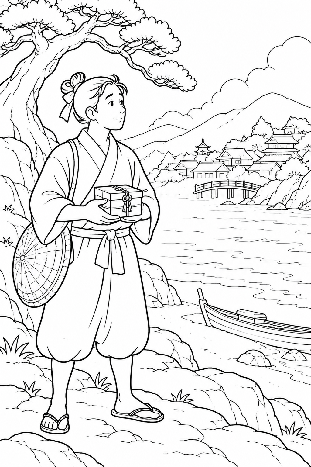 浦島太郎：変わった浜辺を見つめる（ほっこり）の塗り絵