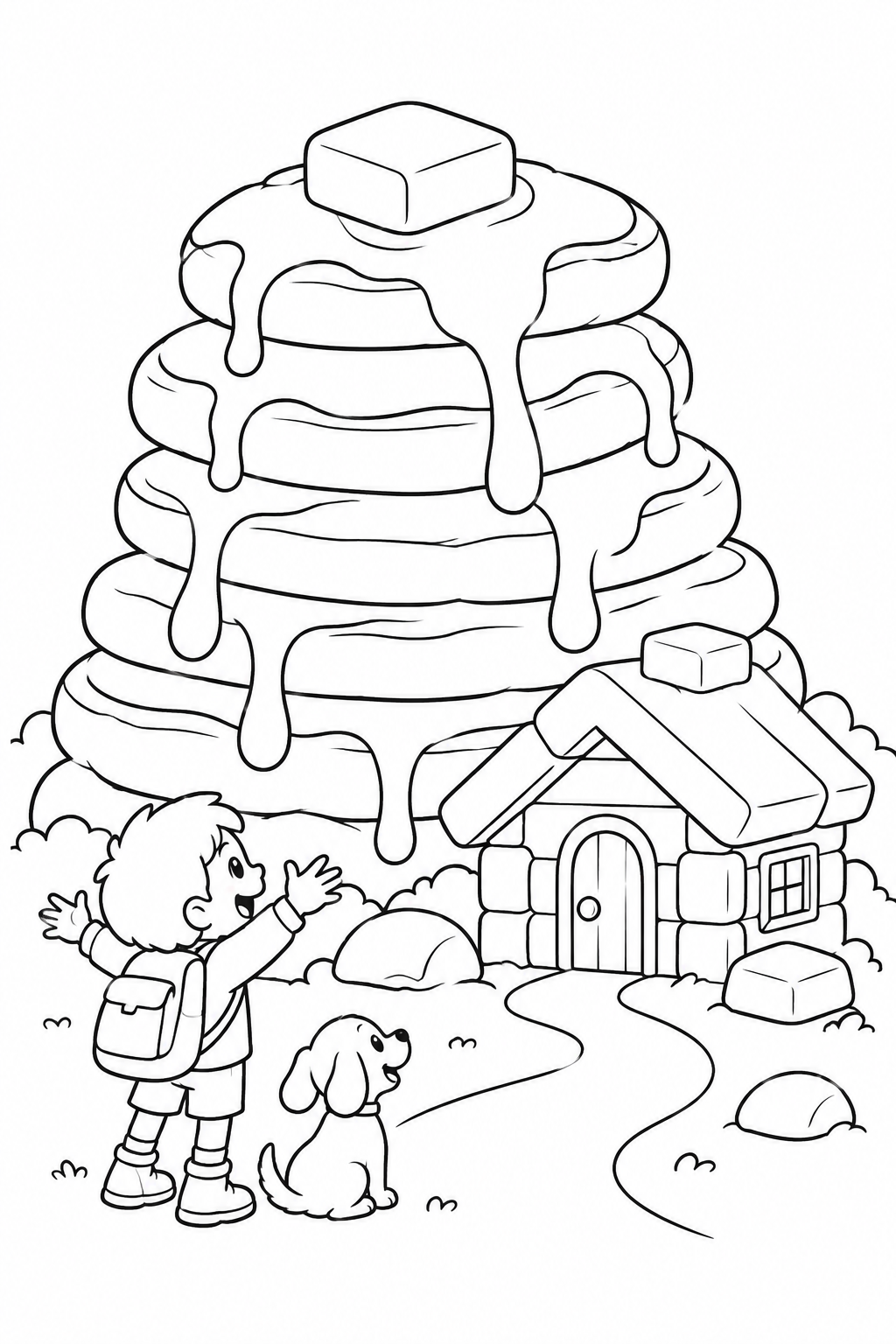 パンケーキの山とバターの小屋の塗り絵