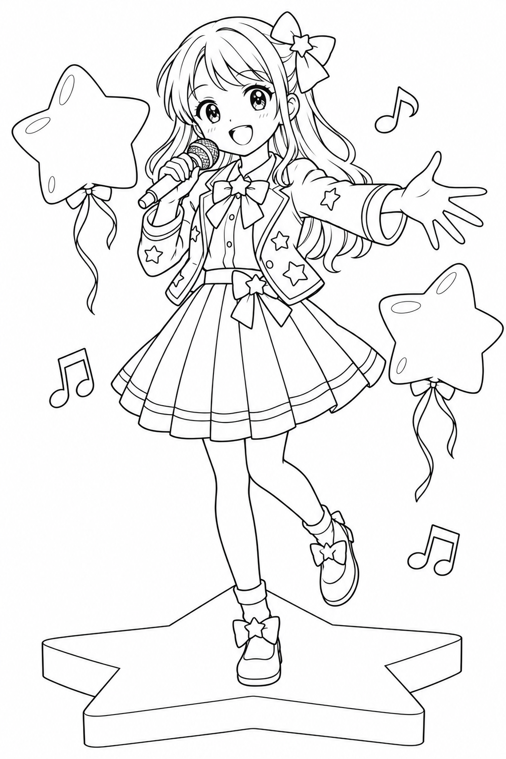 マイクで歌うアイドル — 星のステージの塗り絵