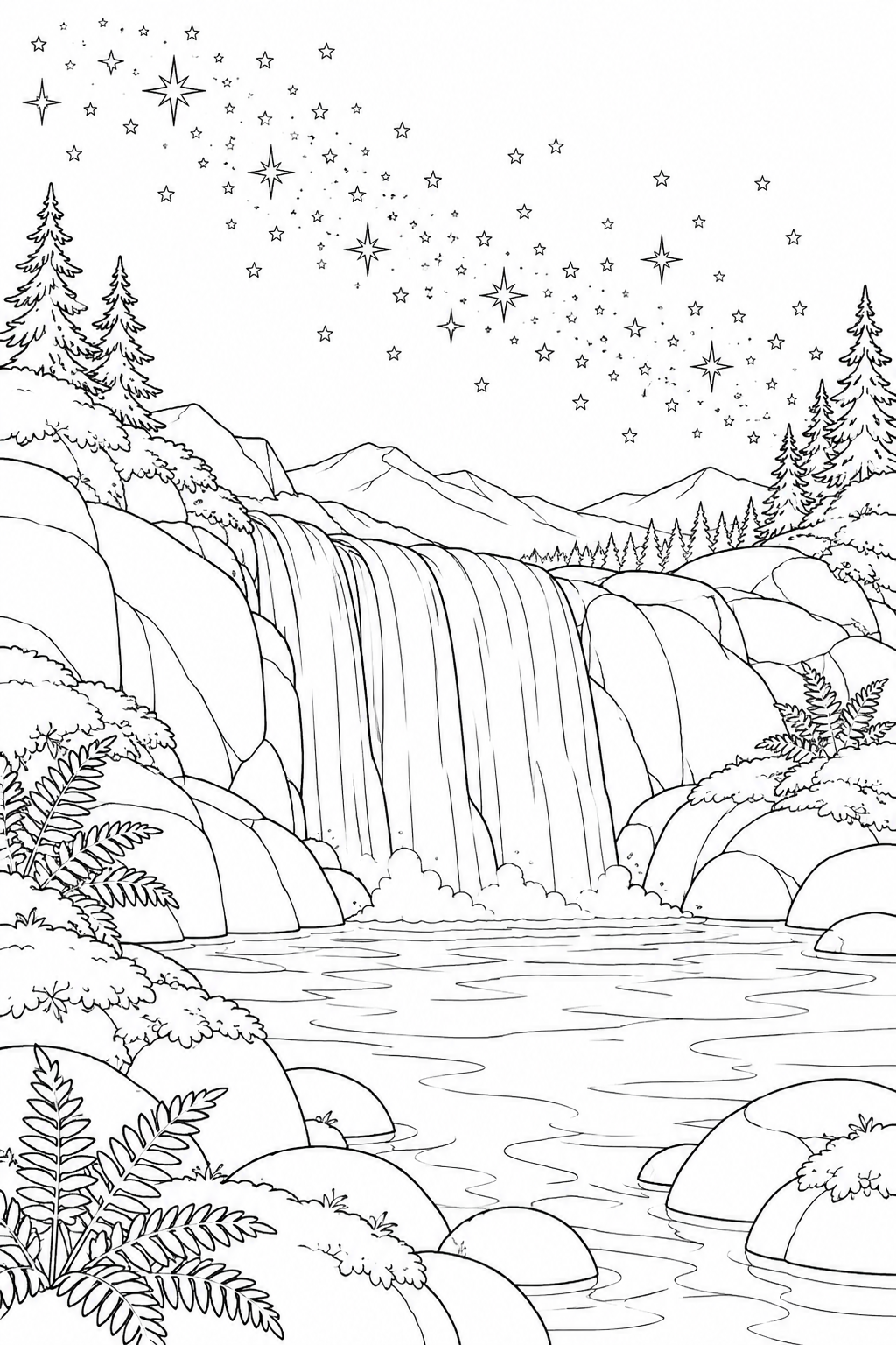 苔むした滝壺と天の川の塗り絵
