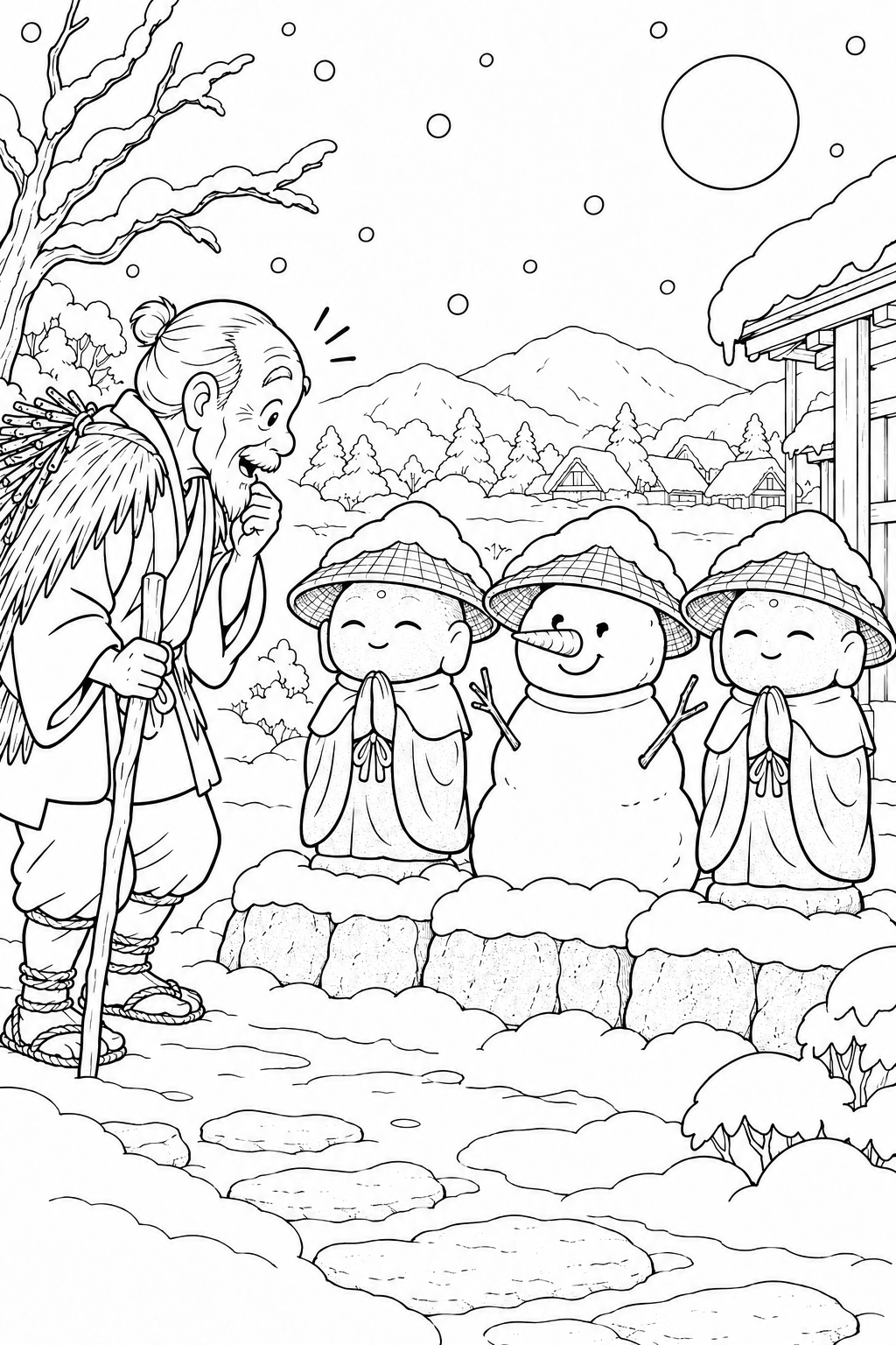 かさじぞう・雪だるまも笠の列の塗り絵