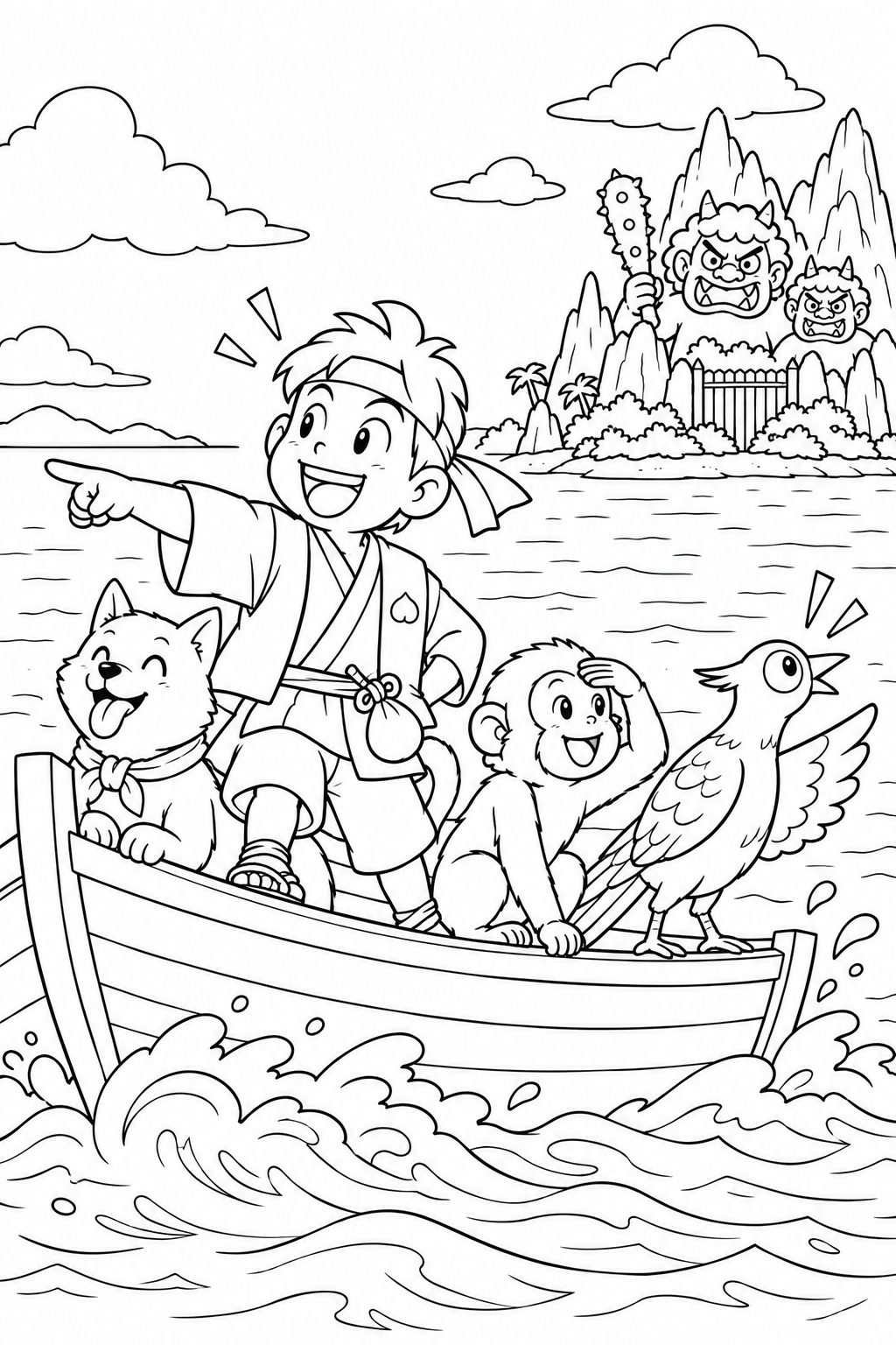 ギャグ桃太郎:桃太郎一行と見えてきた鬼ヶ島の塗り絵