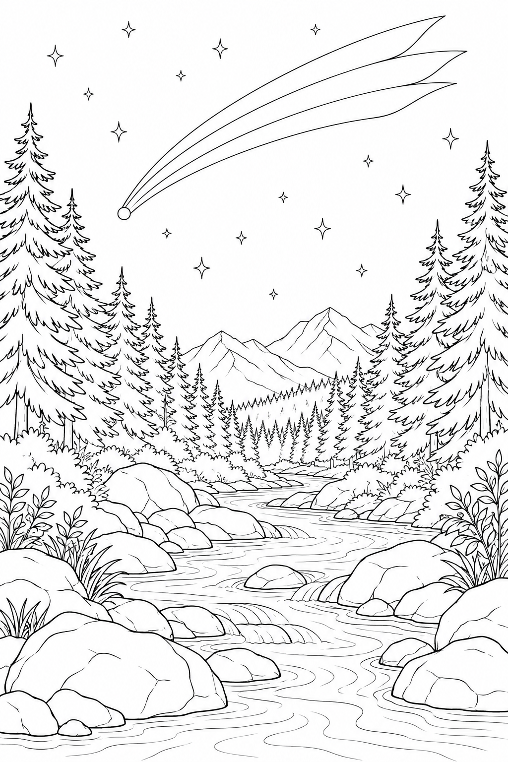モミの森の渓流と尾をひく彗星の塗り絵