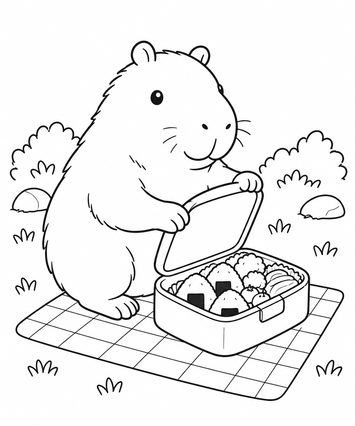 お弁当を広げるカピバラの塗り絵