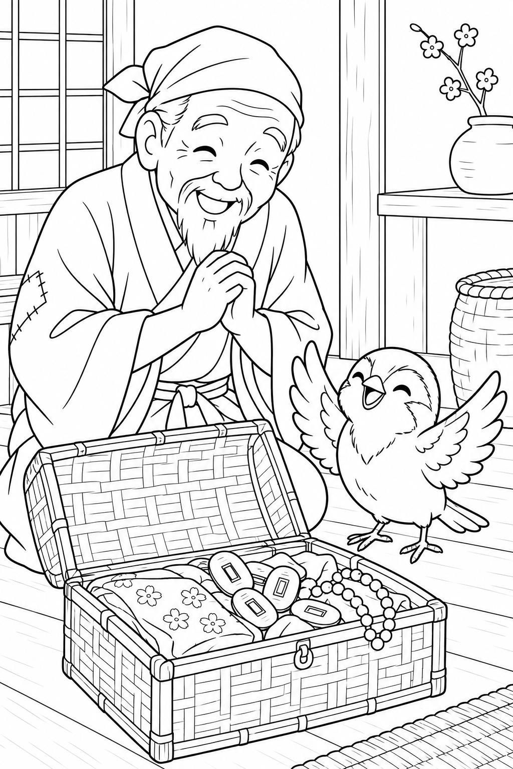したきりすずめ:つづらからこぼれる宝ものの塗り絵