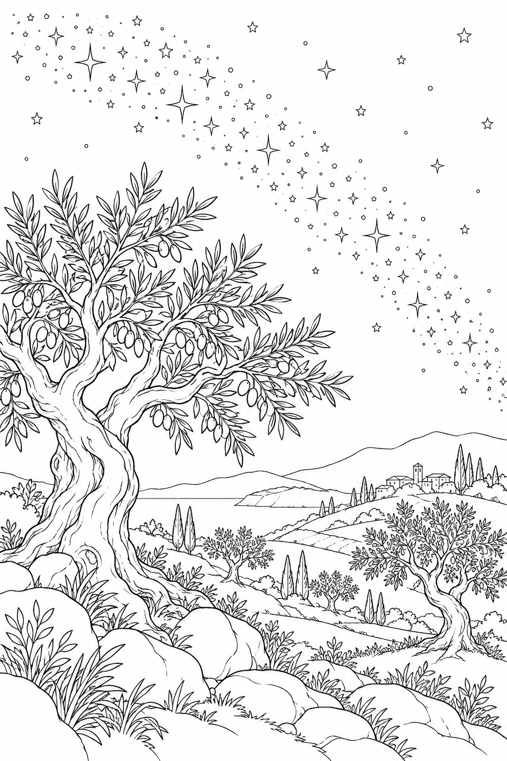 オリーブの丘と天の川の塗り絵