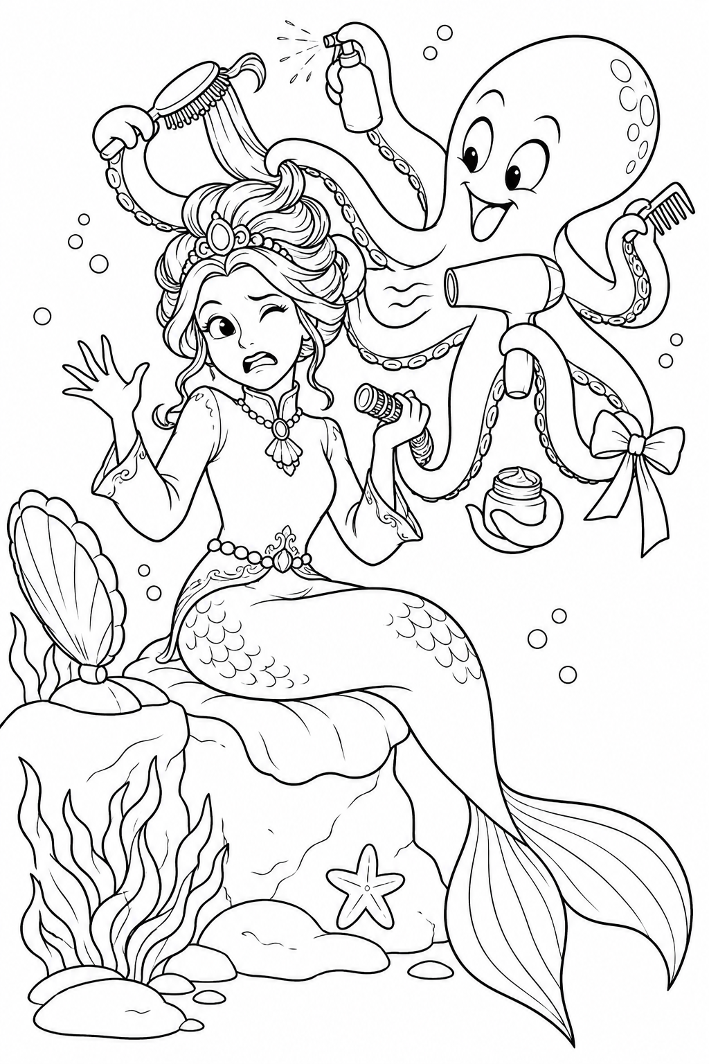 人魚姫：タコの八本腕美容室の塗り絵