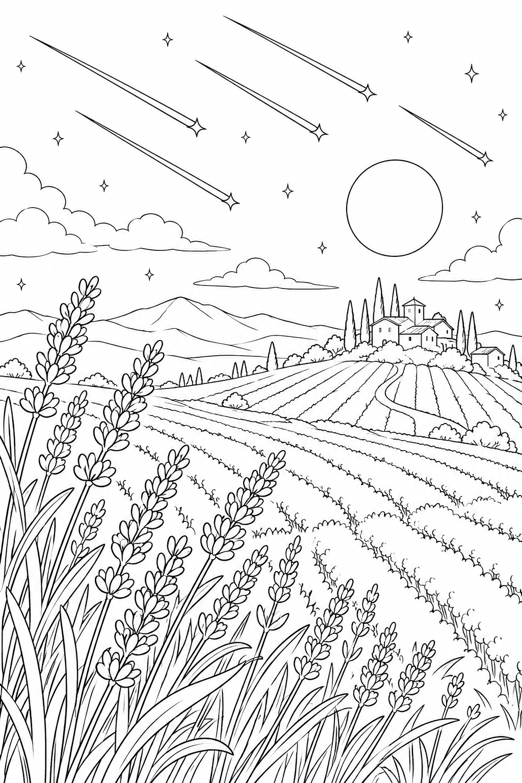 Coloriage Colline de lavande — Pluie de météores
