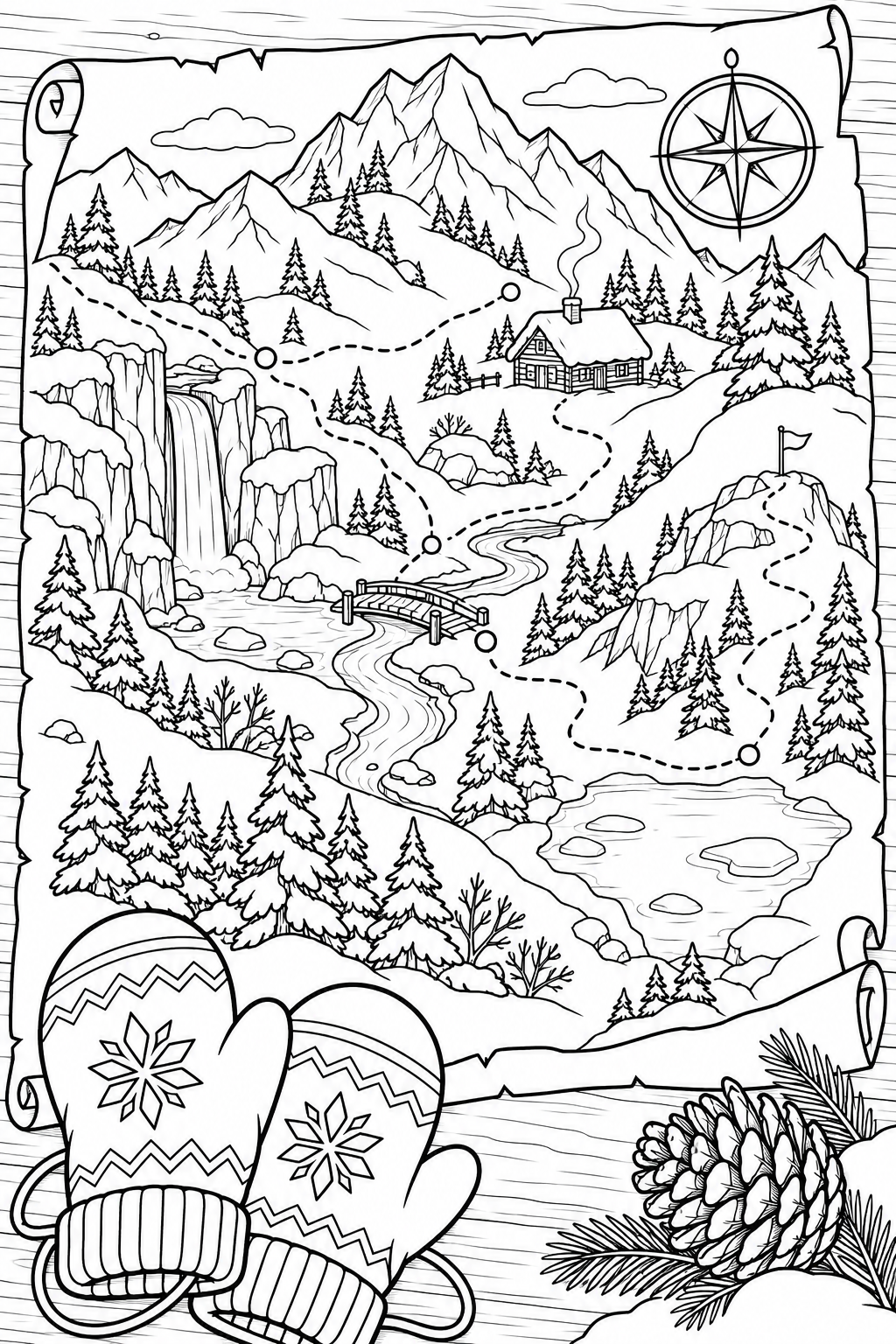 冬の冒険の地図と道具の塗り絵
