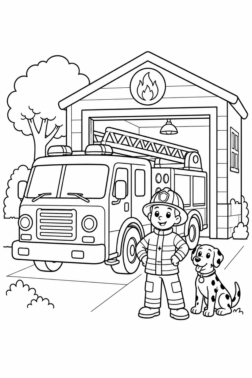 Dibujo de El camión de bomberos en el garaje para colorear