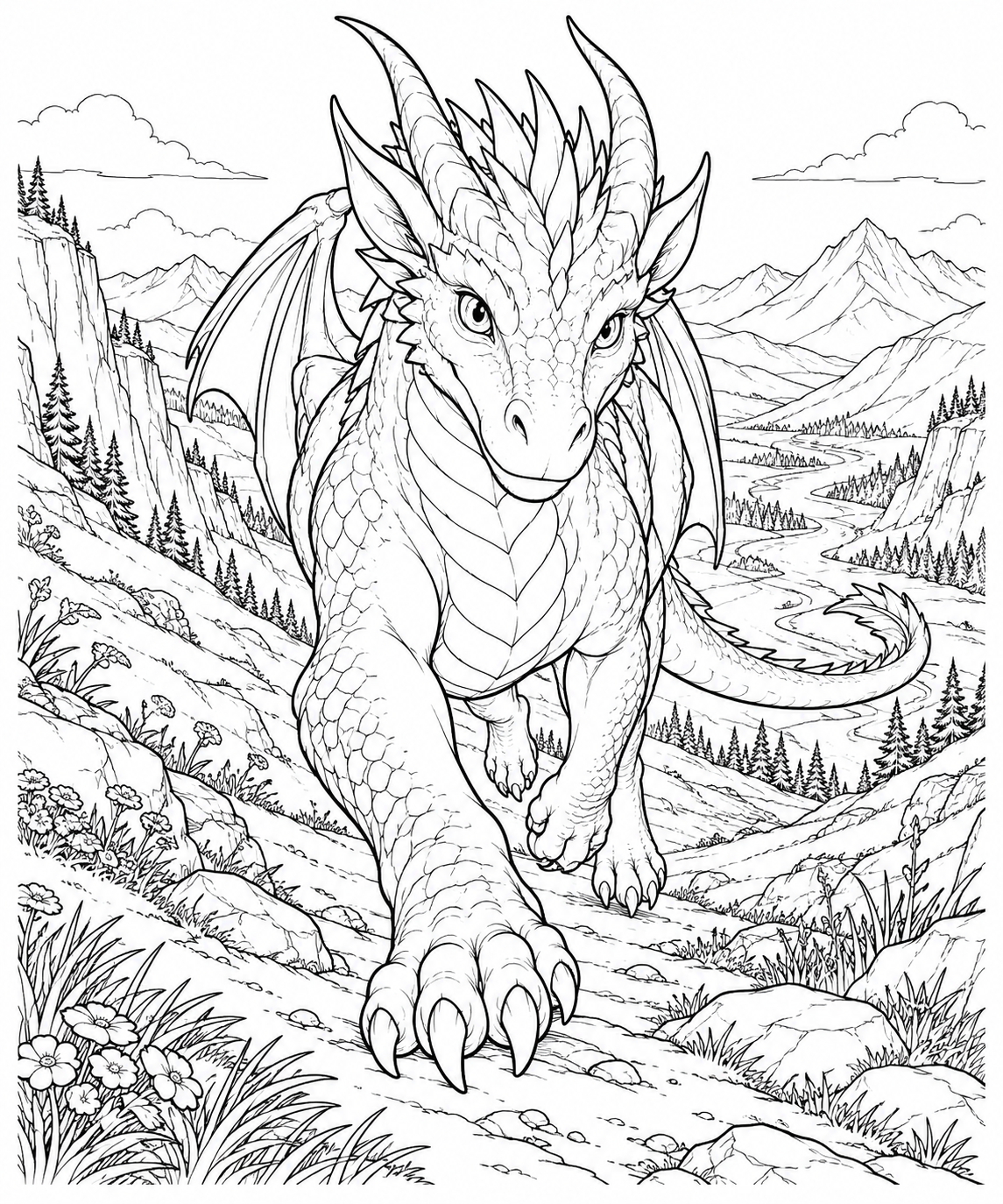 Dibujo de Dragón bajando por un valle ventoso para colorear