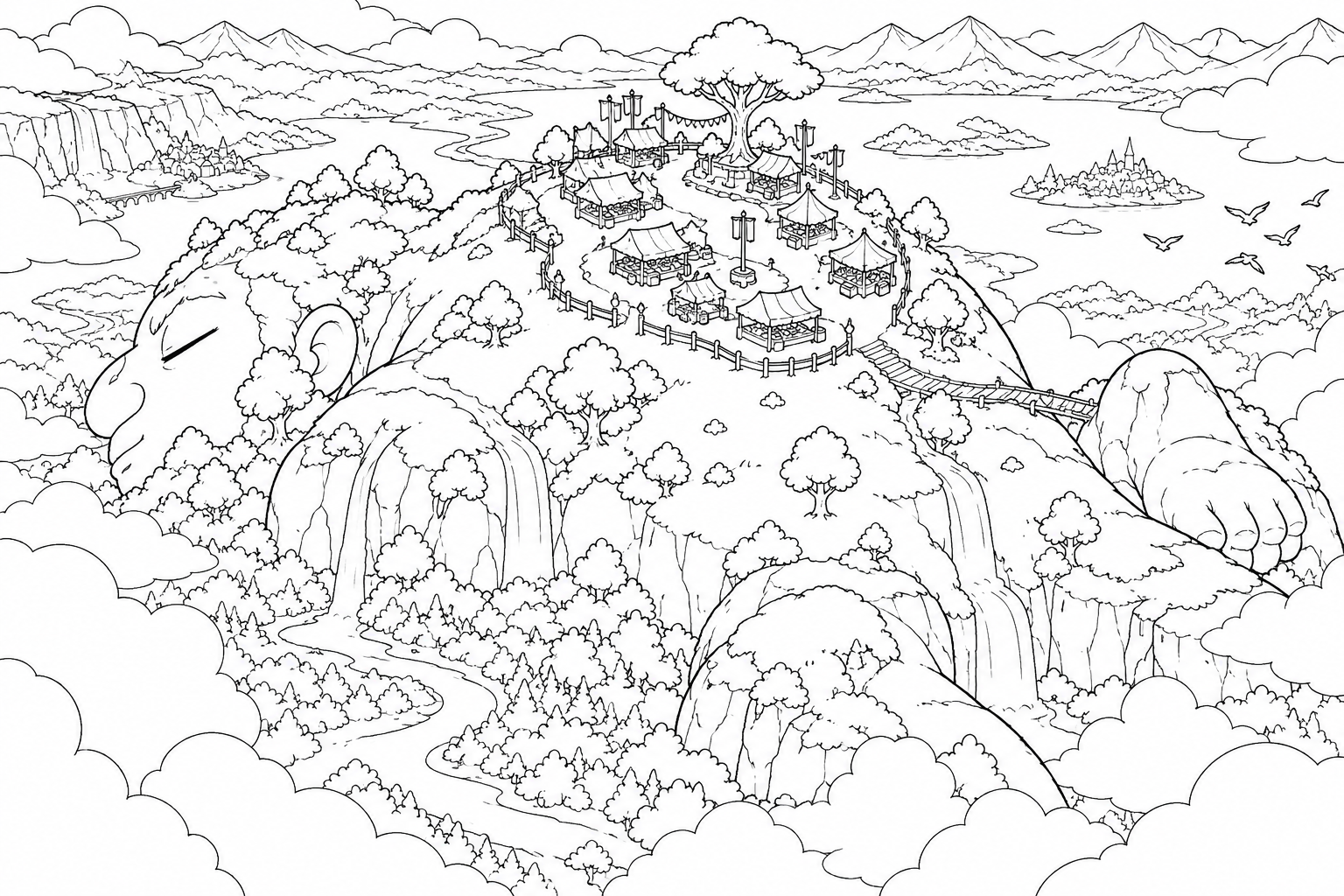Dibujo de Mercado matutino sobre una montaña dormida para colorear
