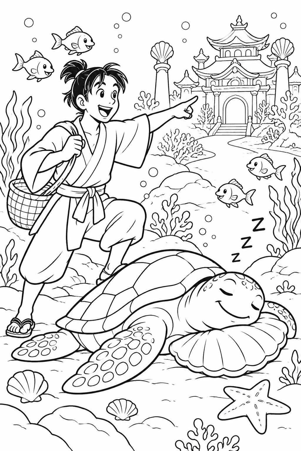 浦島太郎:出発前に亀がお昼寝(ギャグ)の塗り絵