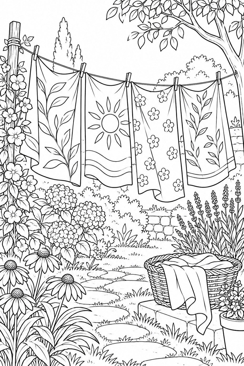 染めた布を干す庭の物干しの塗り絵