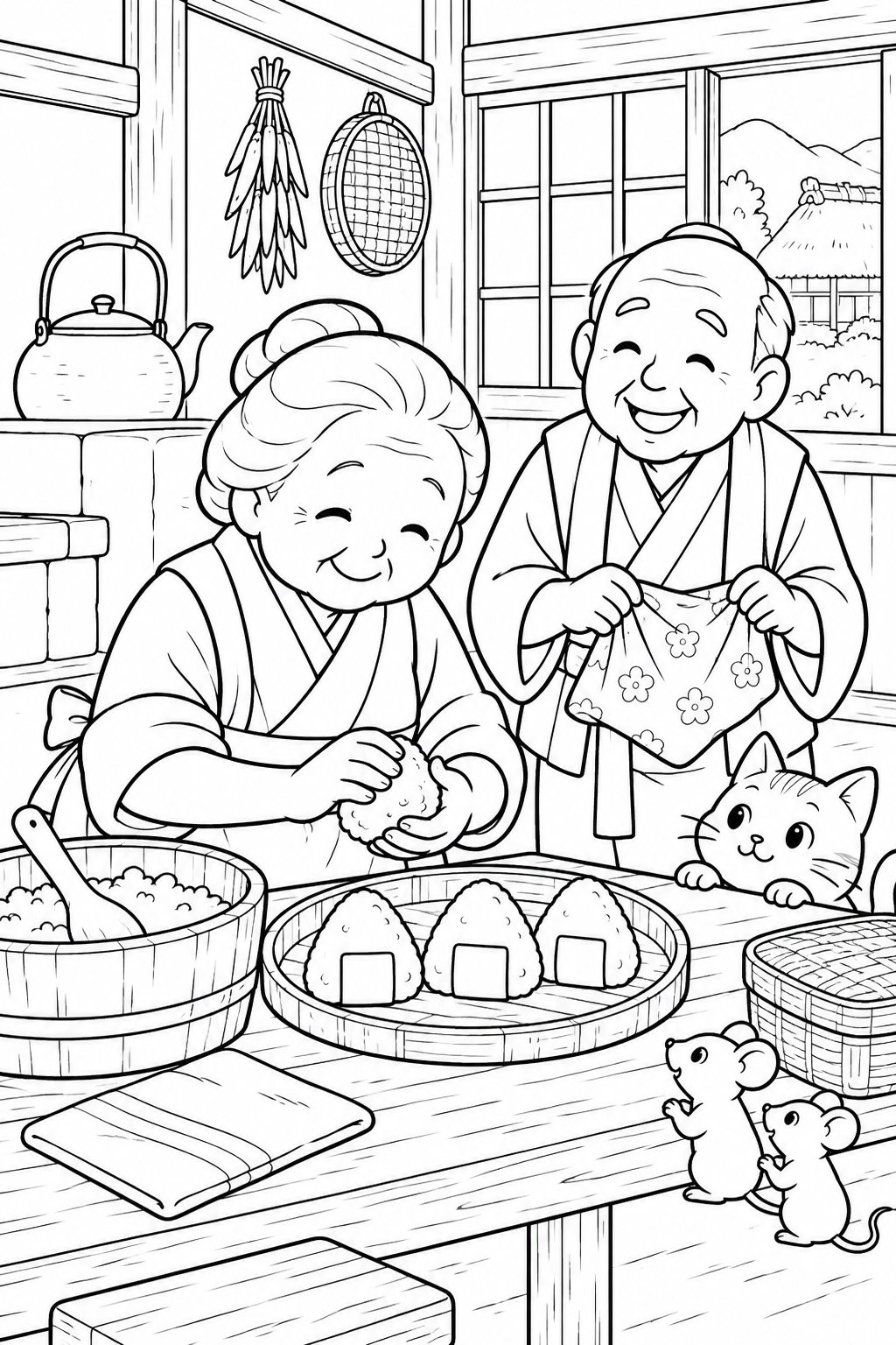 おむすびころりん・ほっこり:おむすびの支度の塗り絵