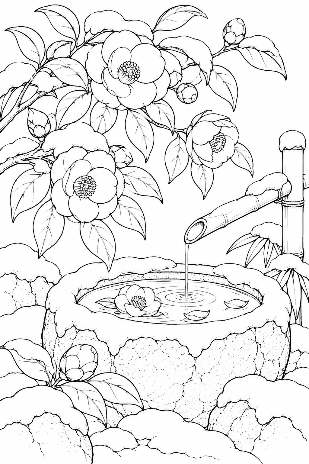 椿の花と雪の手水鉢の塗り絵