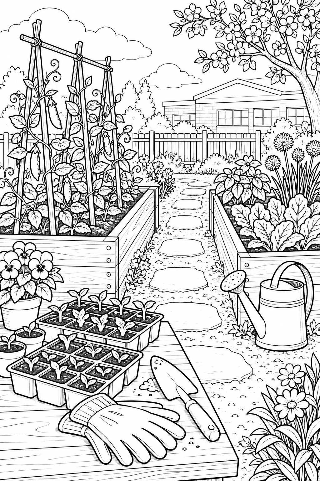 Coloriage Potager de l'école — printemps