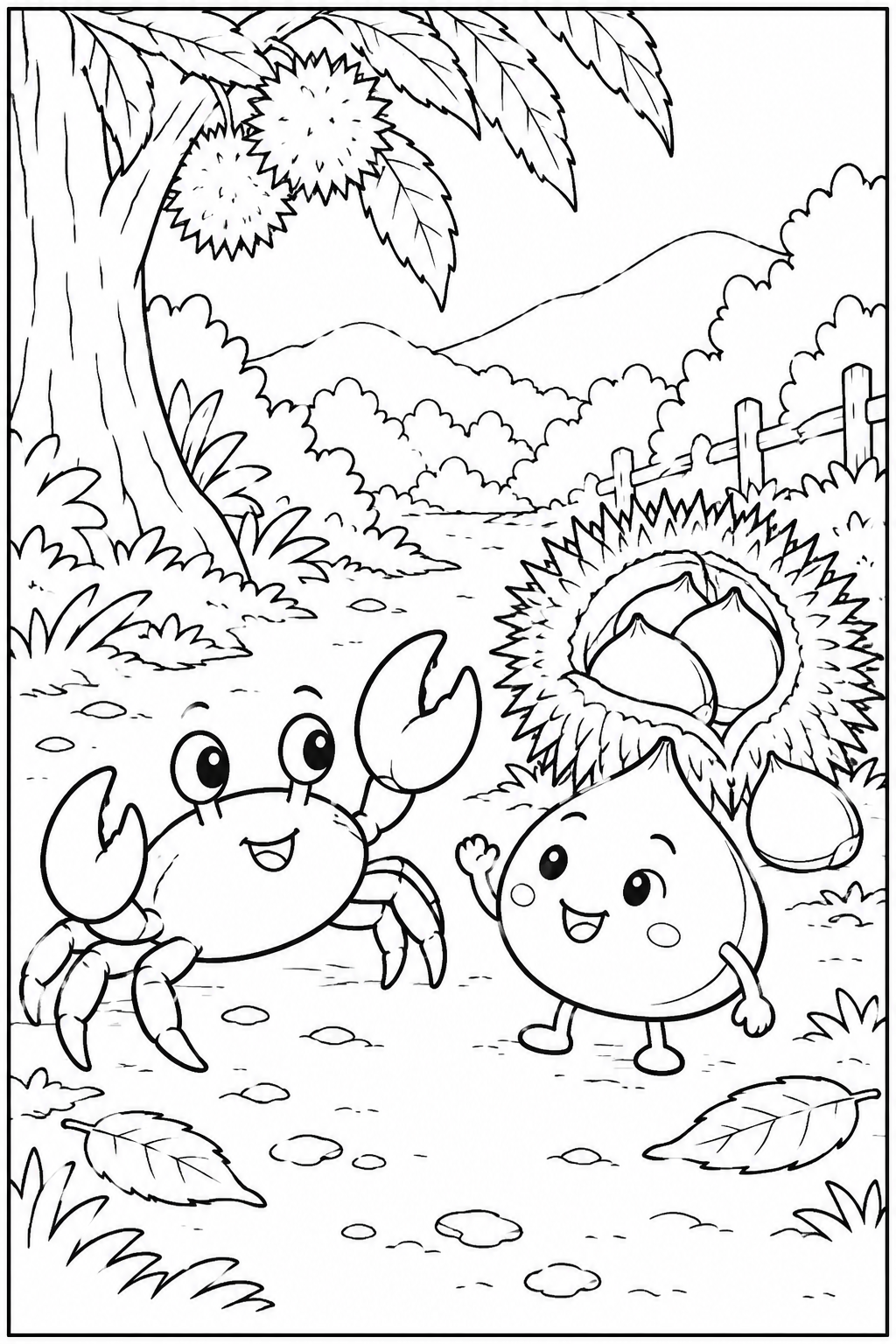 さるかに合戦 ほっこり：かにと栗の出会いの塗り絵