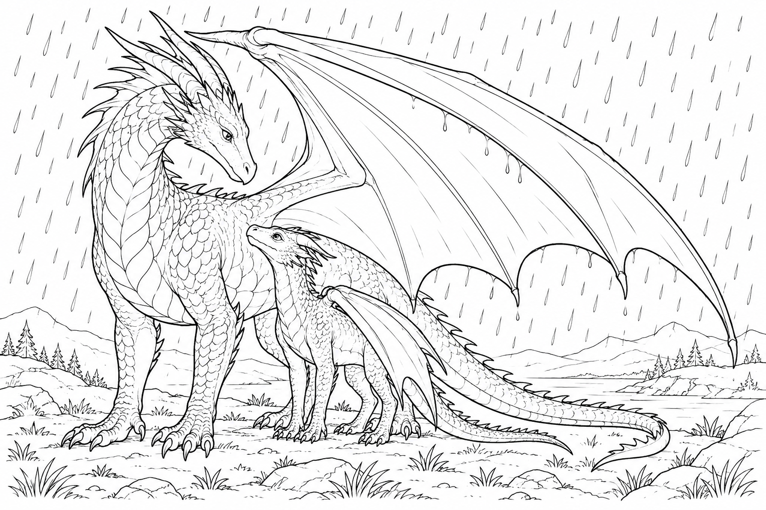 Coloriage Petit dragon sous une grande aile