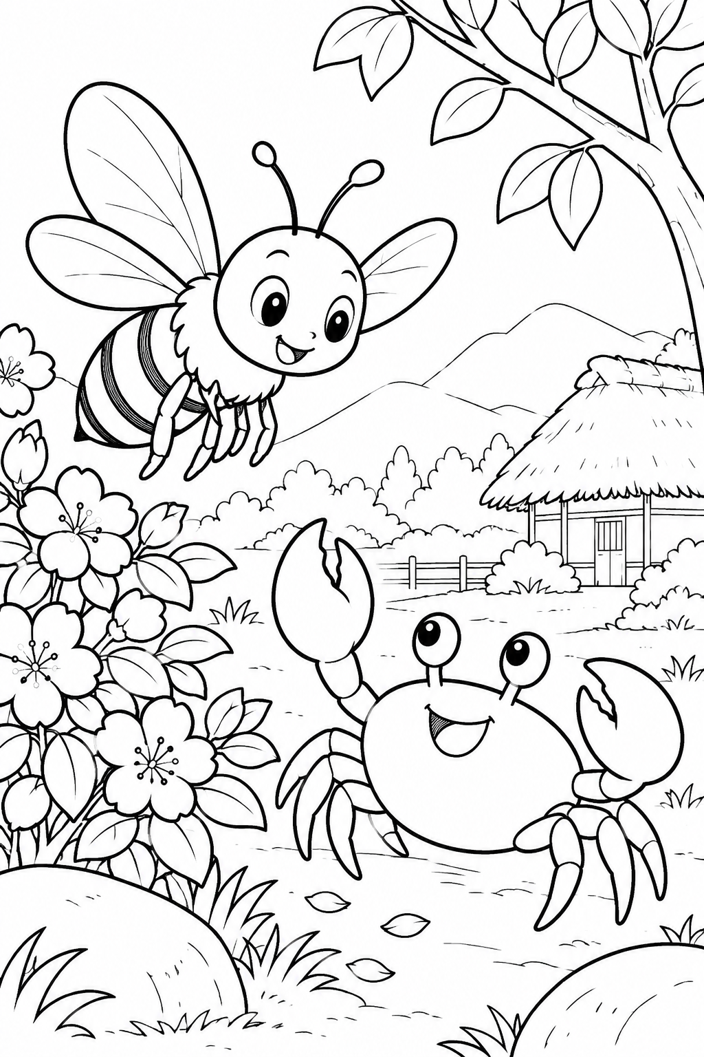 さるかに合戦 ほっこり:かにと蜂の出会いの塗り絵