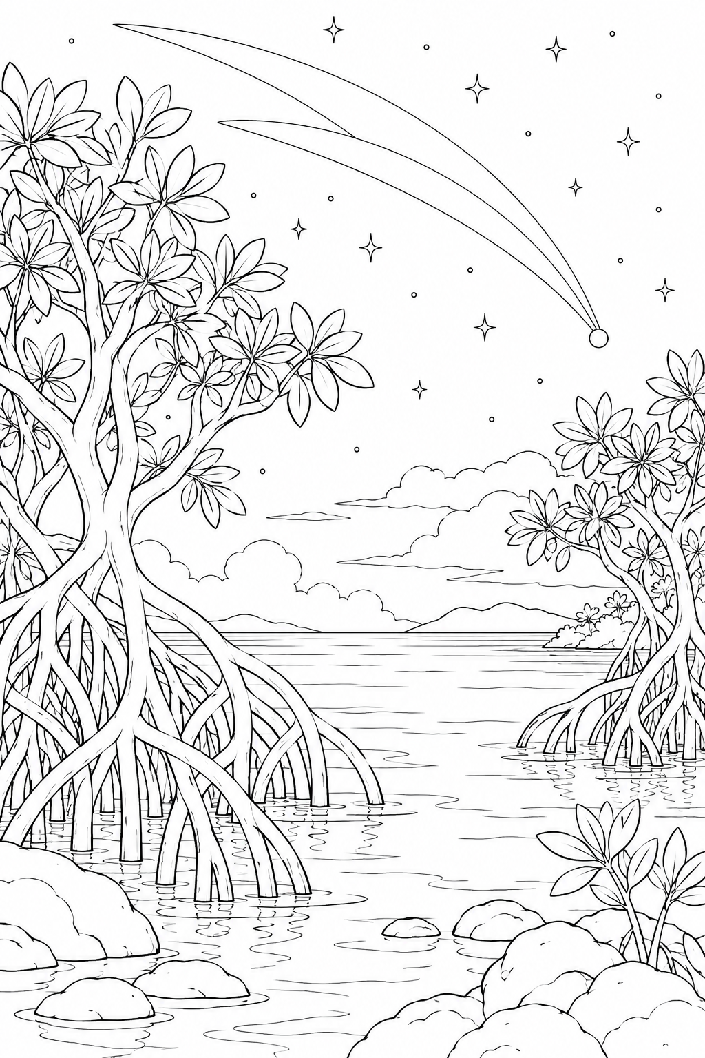 マングローブの入り江と尾をひく彗星の塗り絵