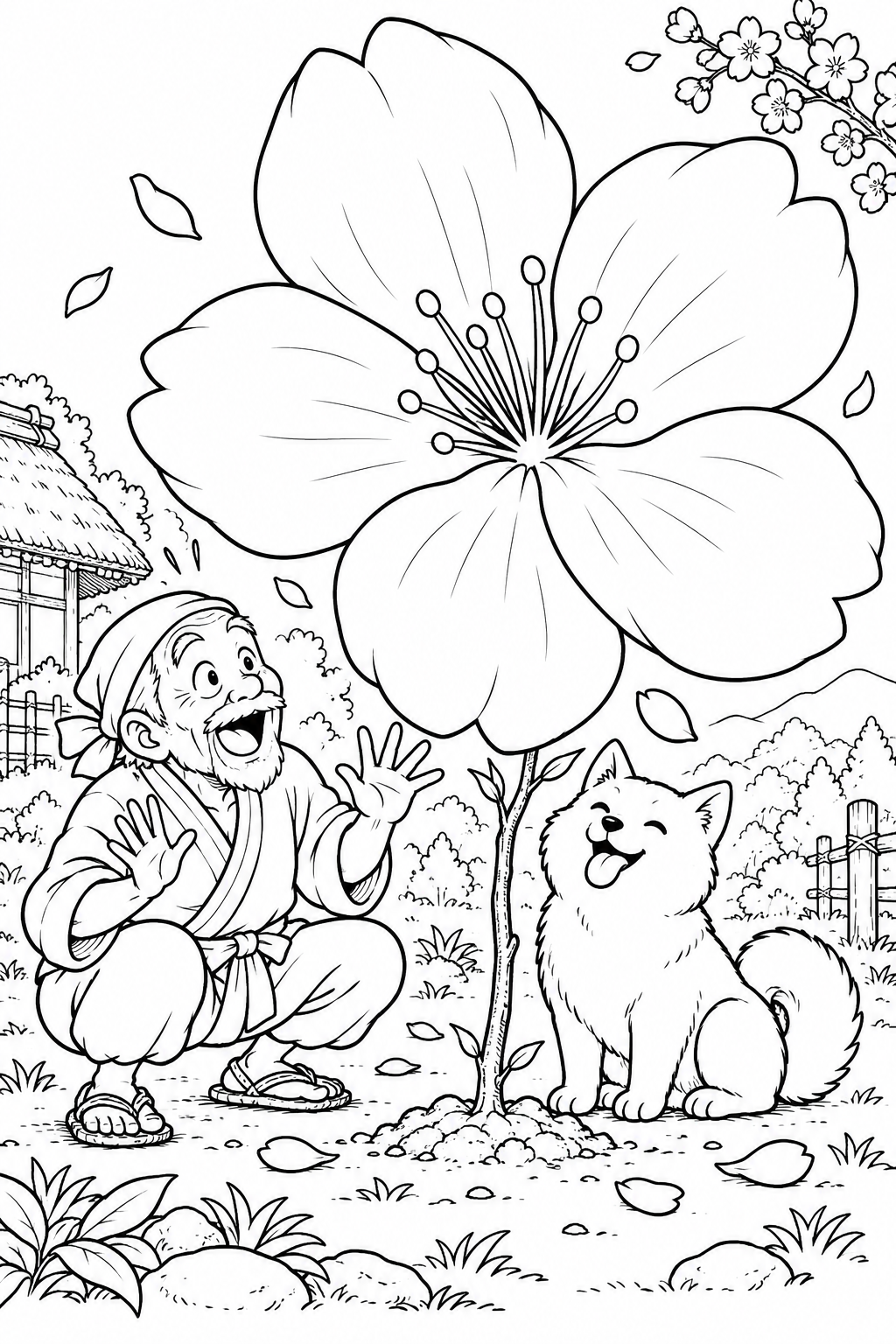 はなさかおじさん:小さな苗木に大きすぎる花(ギャグ)の塗り絵