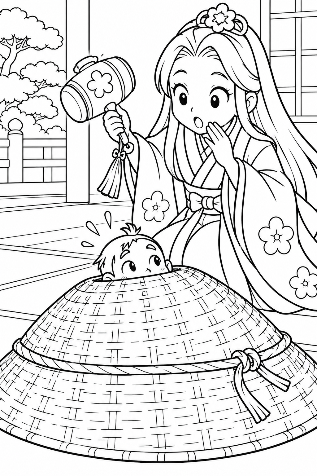 Gambar mewarnai Issun-boshi — Topinya lebih dulu membesar