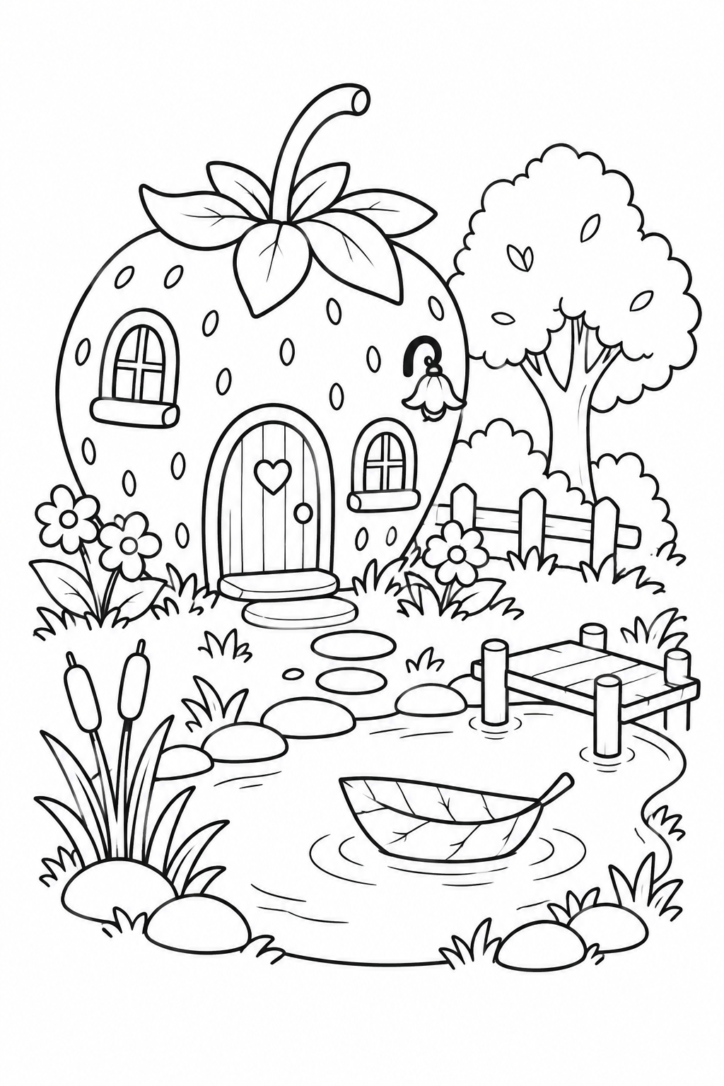 Dibujo de La casita de fresa y su jardín con estanque para colorear