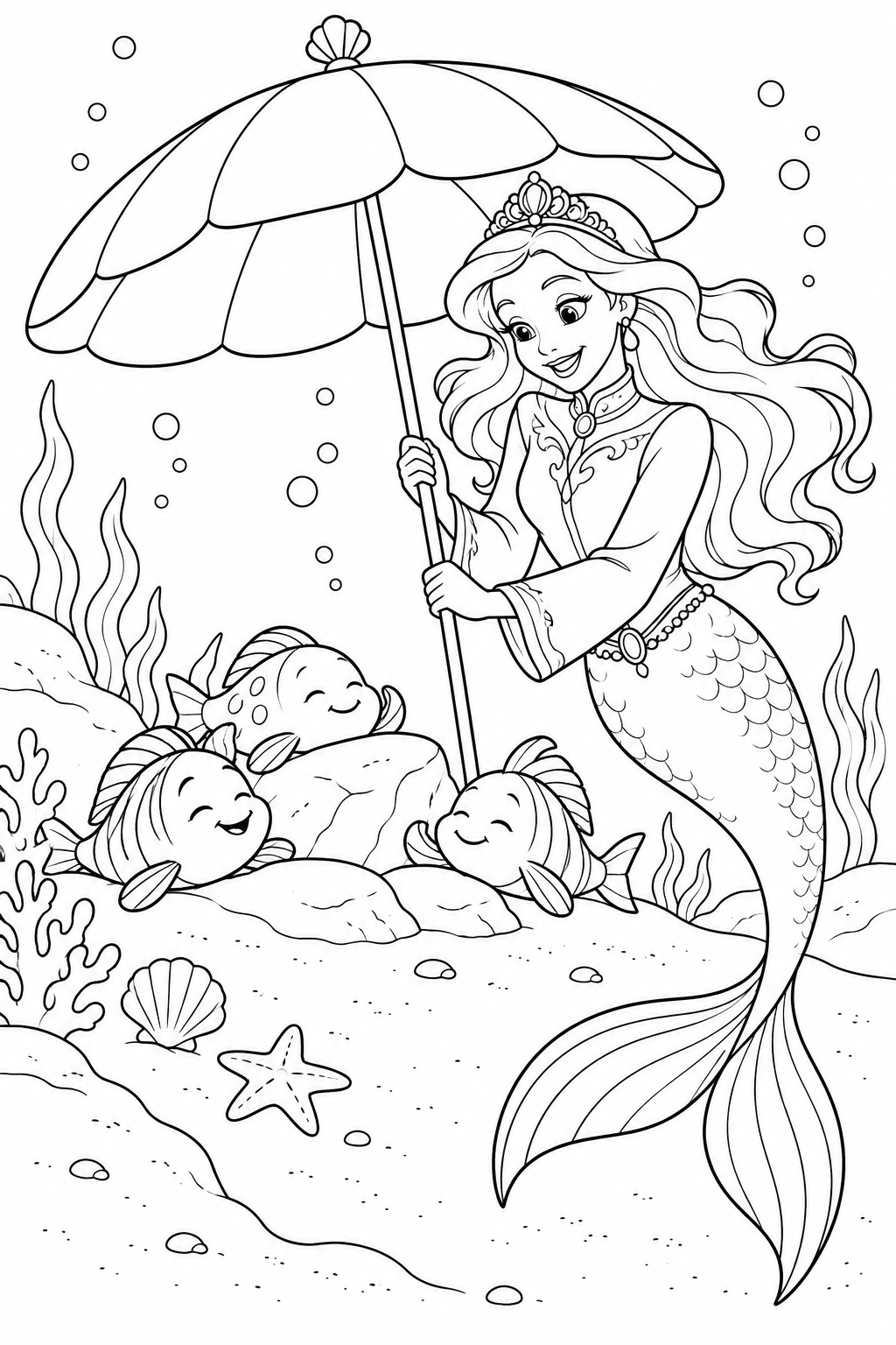 人魚姫：海の中でもビーチパラソルの塗り絵