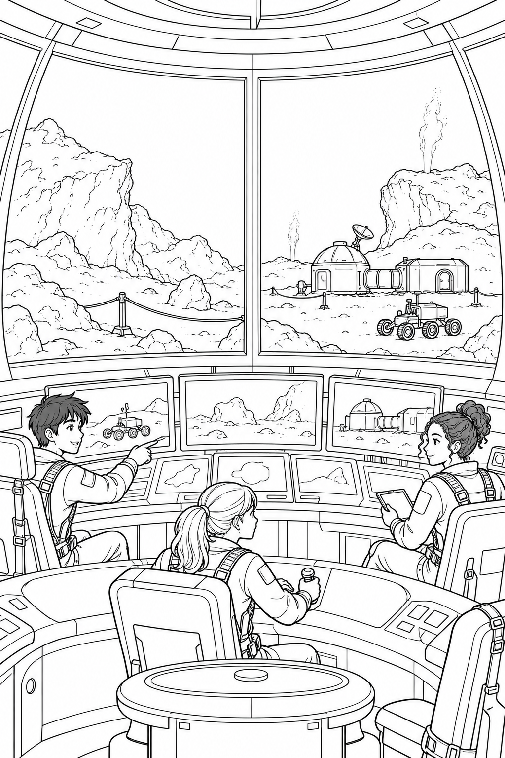 彗星の観測基地:探査を見守る管制室の塗り絵