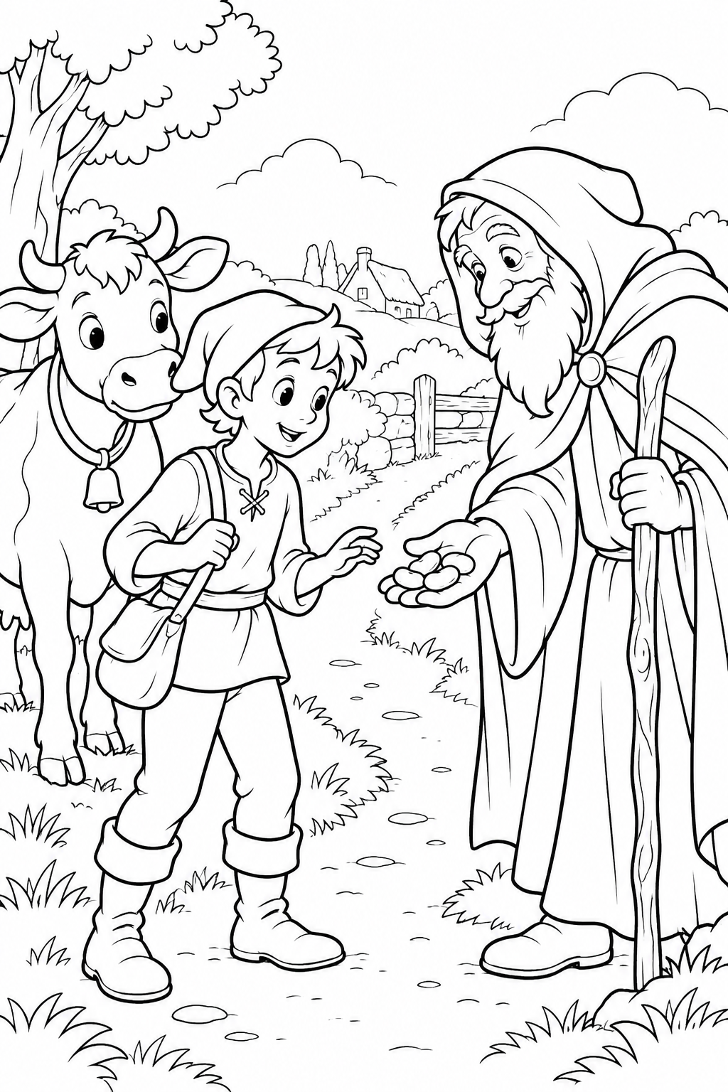 Jack and the Beanstalk・Heartwarming — Trading for magic beans coloring page