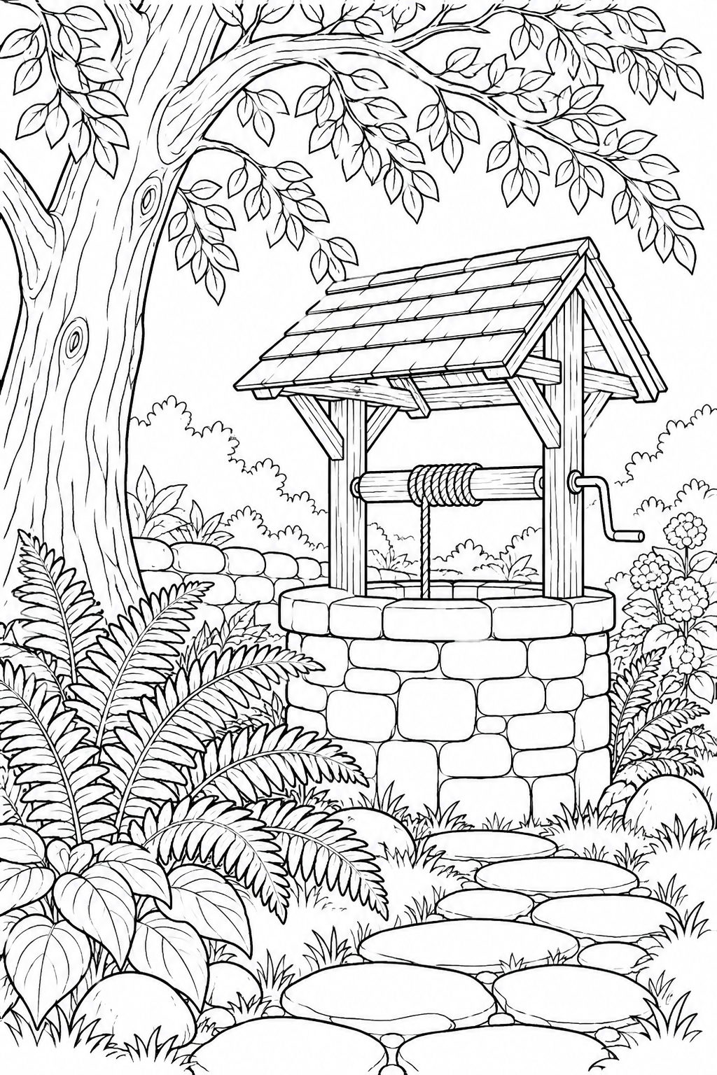 木陰の古井戸とシダの葉の塗り絵